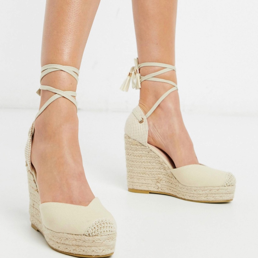 Ankle Tie Espadrilles Wedges Natural Canvas ASOS